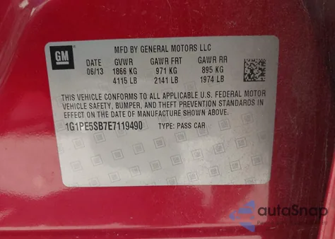 2014 Chevrolet Cruze 2Lt Auto из США, поврежденный, VIN 1G1PE5SB7E7119490